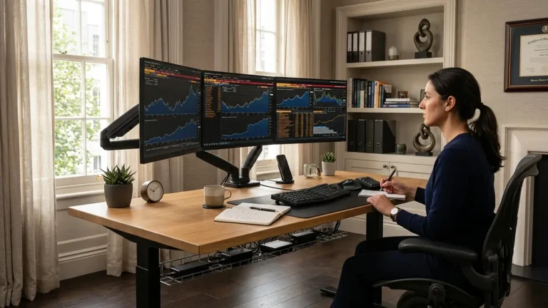 Multi-monitor financial analyst workstation with seamless curved display alignment and clean under desk cable management