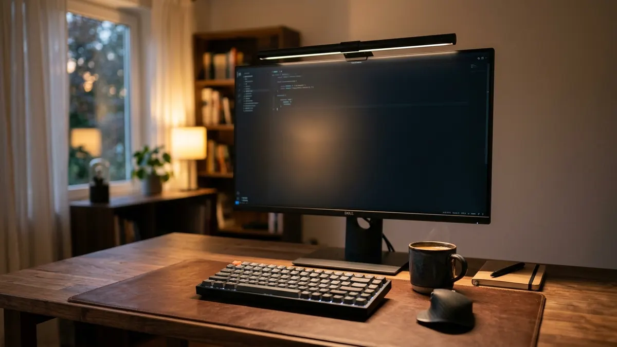 Modern home office desk illuminated by a 50cm computer monitor light bar casting glare-free light across a leather desk mat