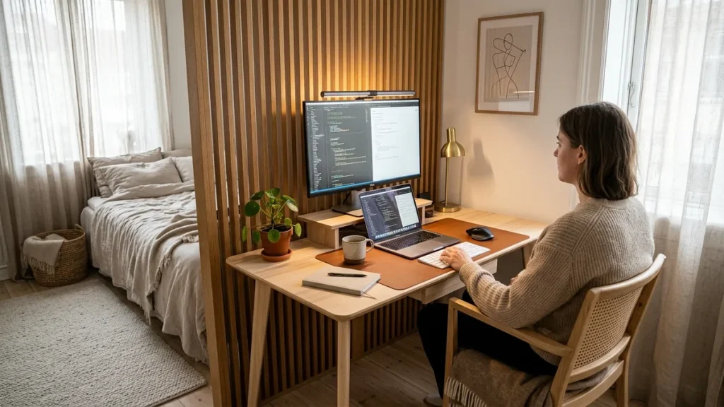 Minimalist bedroom corner transformed into a cozy and ergonomic work from home nook