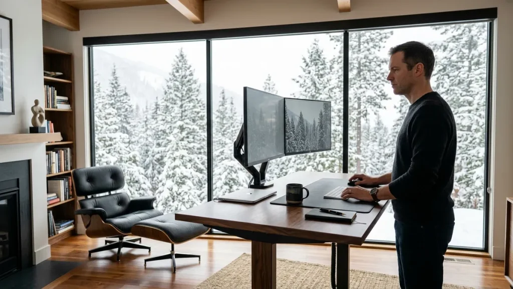 Fully upgraded standing desk with cohesive black and walnut styling after installing a desk bundle