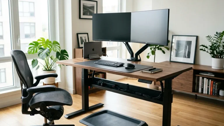 Complete ergonomic desk setup bundle installed on a standing desk during Black Friday upgrades