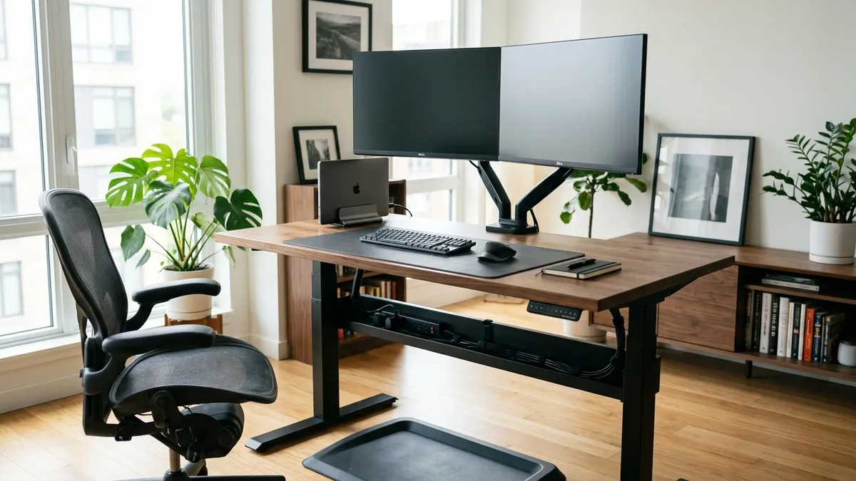 Complete ergonomic desk setup bundle installed on a standing desk during Black Friday upgrades