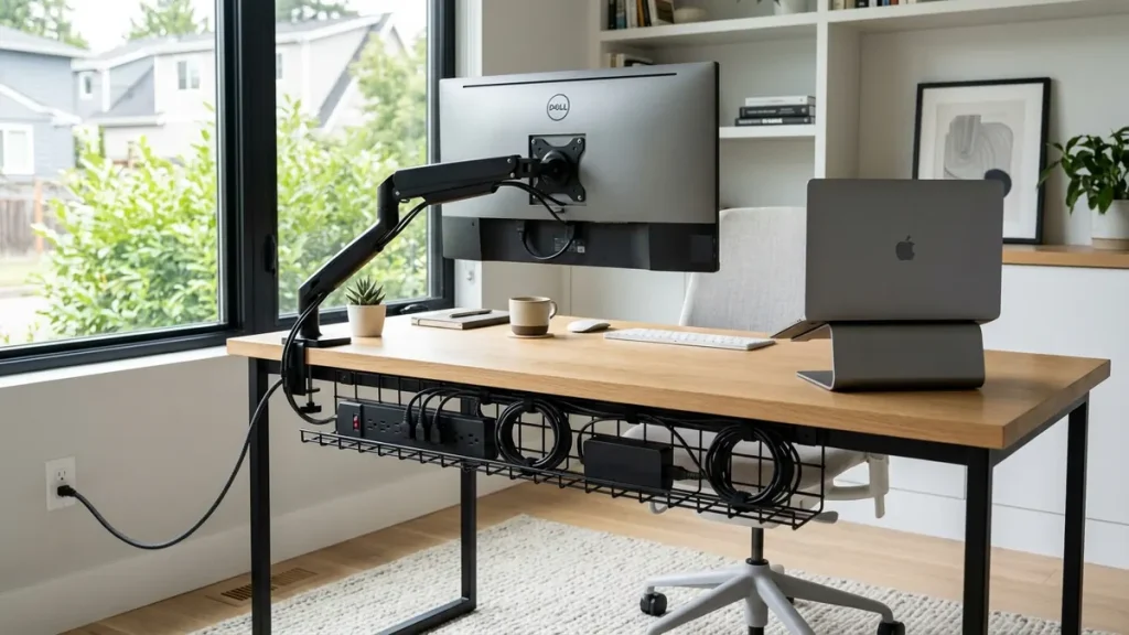 Comparison shot showing under desk steel cable tray holding heavy power supplies next to a neat minimalist workspace