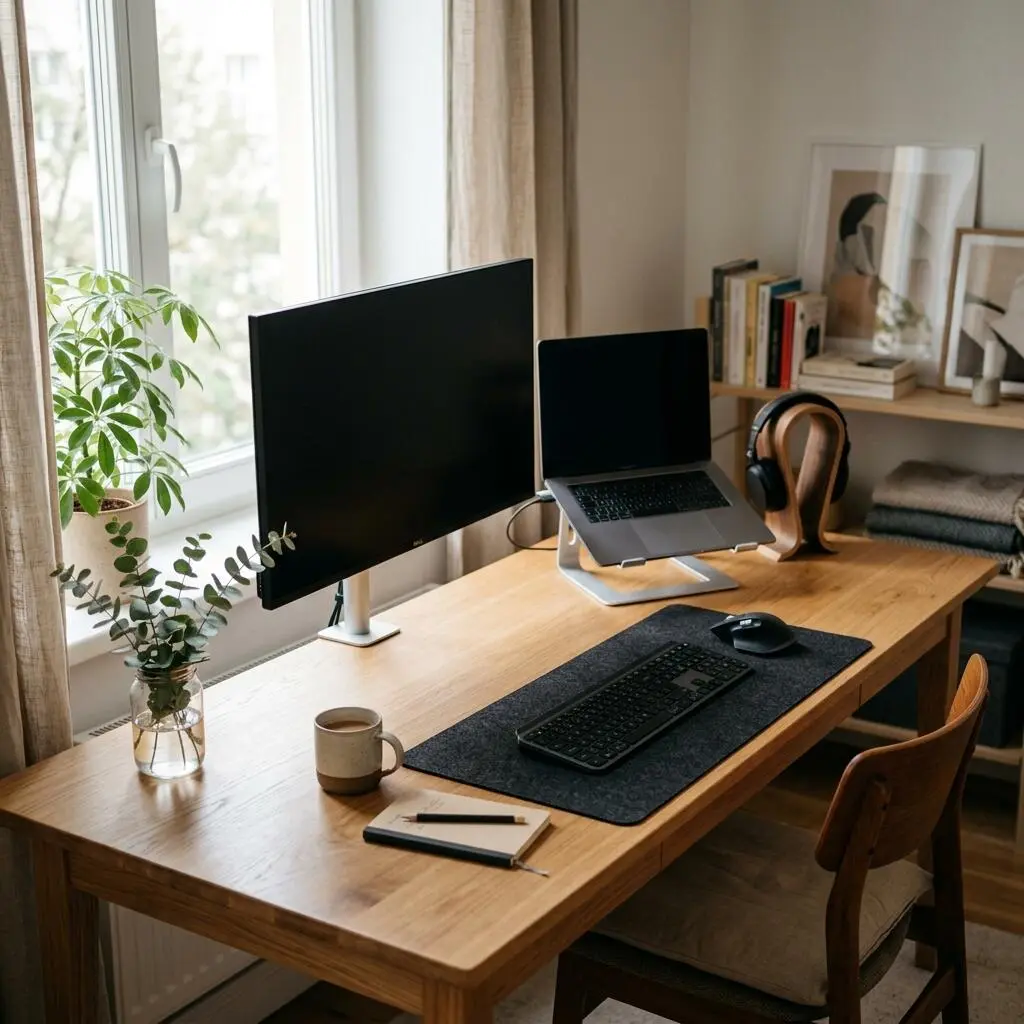 Wide establishing shot of a clean desk cable management setup on a wooden desk with concealed wires