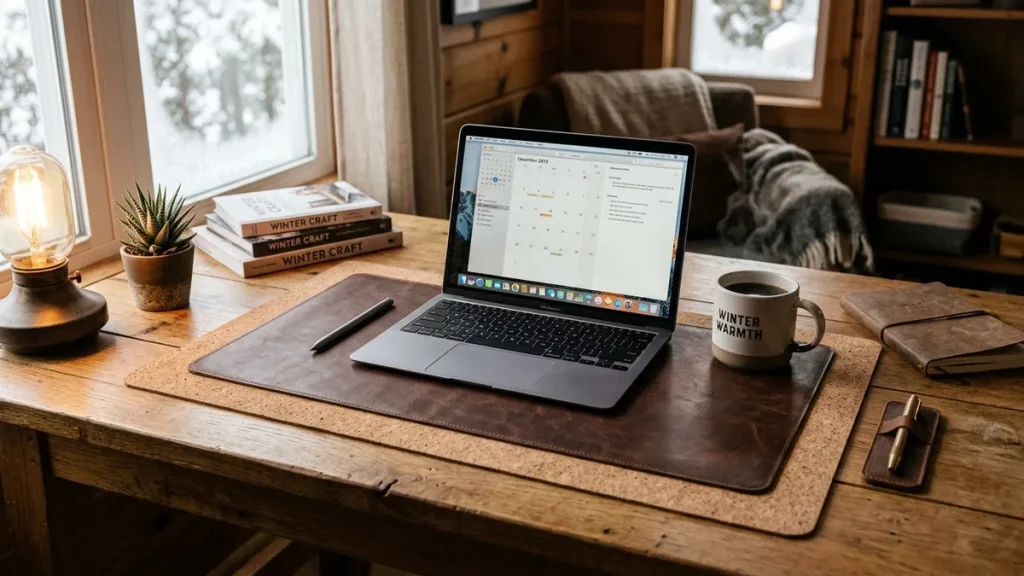 Natural cork and rich brown PU leather desk pads displayed side by side on a cozy winter work desk