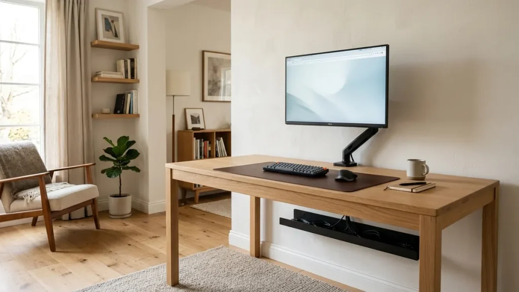 Minimalist desk setup with pristine desk cable management hiding all cords and power supplies under desk