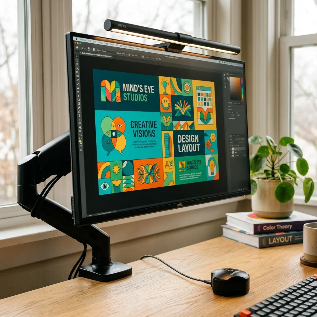Color-accurate 27-inch IPS monitor on adjustable monitor arm displaying a vibrant graphic design layout with a monitor light bar casting warm task lighting