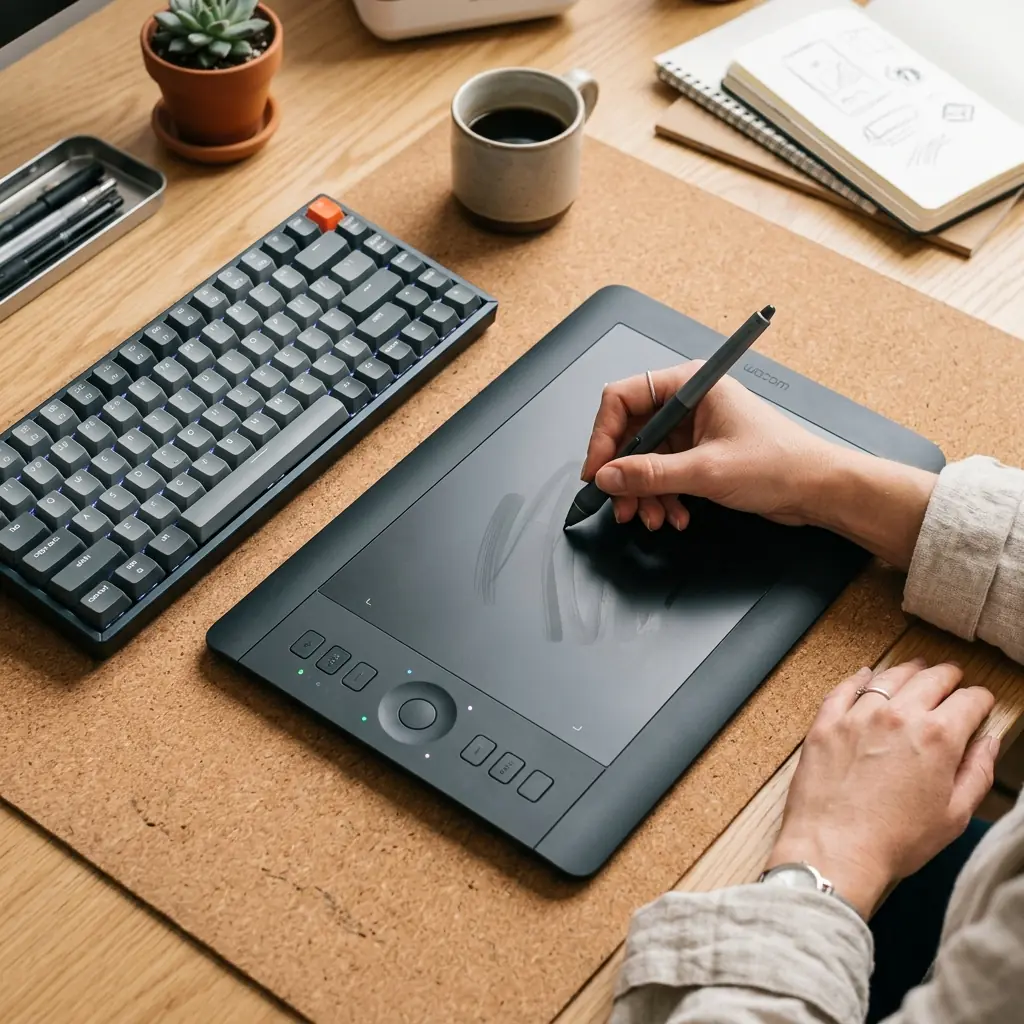 Graphic designer's hand using a stylus pen on a Wacom graphics tablet on a cork desk mat beside a compact mechanical keyboard for ergonomic desktop tablet placement
