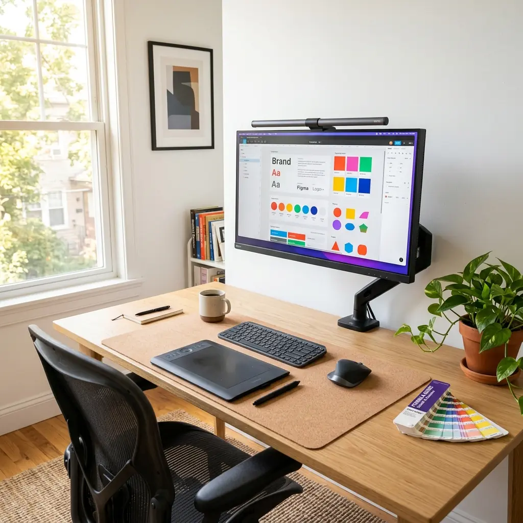 Perfect desk setup for graphic designers with color-accurate monitor on monitor arm, graphics tablet, cork desk mat, and Pantone guide on oak desk