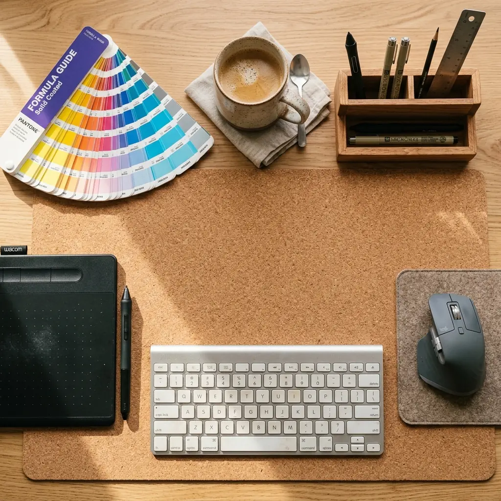 Organized graphic designer desk surface flat-lay with cork desk mat, compact keyboard, graphics tablet, Pantone formula guide, wooden desk organizer, and ceramic coffee mug