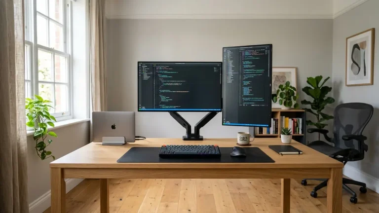 Before and after split view of a cluttered software developer desk transformed into a pristine multi-screen coding cockpit