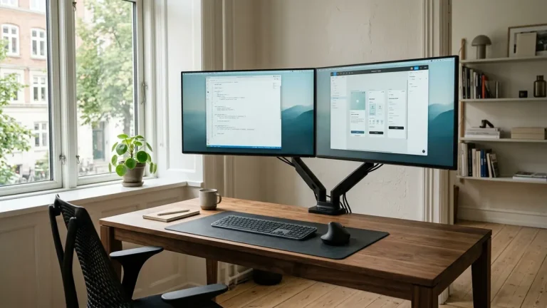 Ergonomically aligned dual monitors on a compact walnut standing desk on gas spring arms
