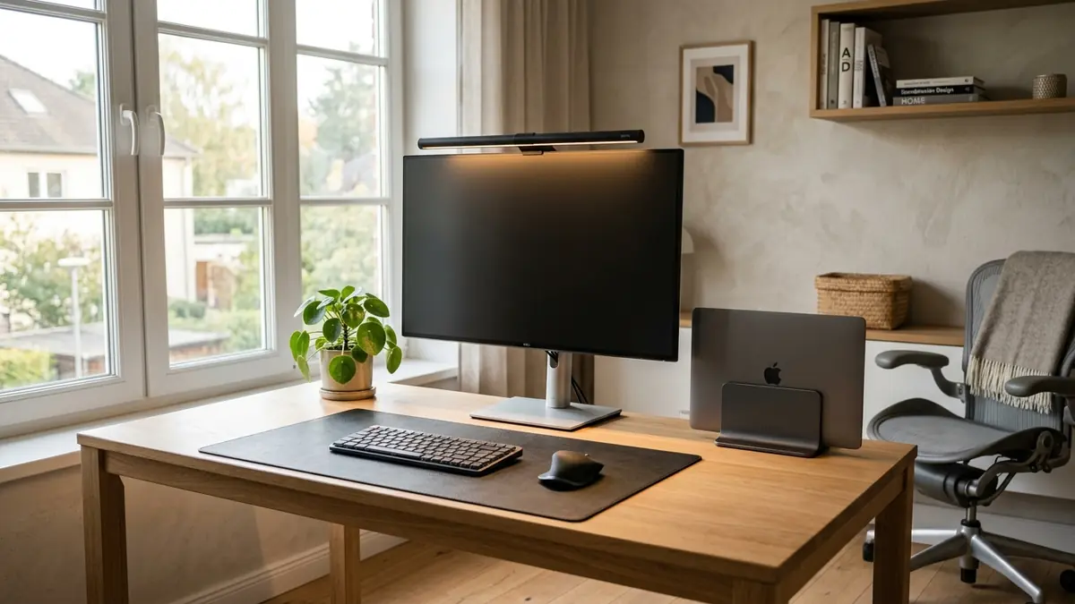 Serene home office workspace demonstrating environmental architecture with asymmetric monitor light bar, oak desk, and green plants