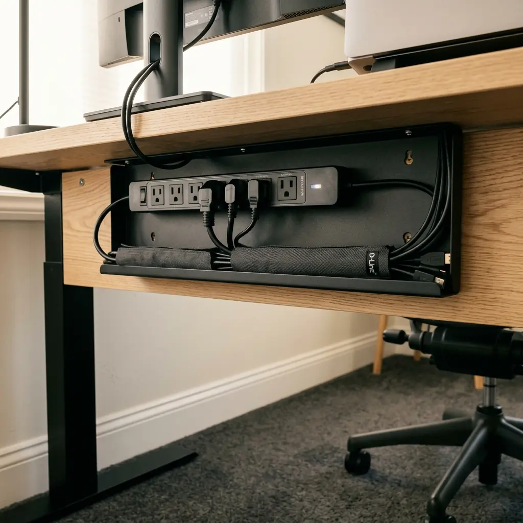 Under-desk cable tray mounted beneath a developer's oak desk holding a power strip and bundled cables in a cable sleeve for clean ergonomic workspace cable management