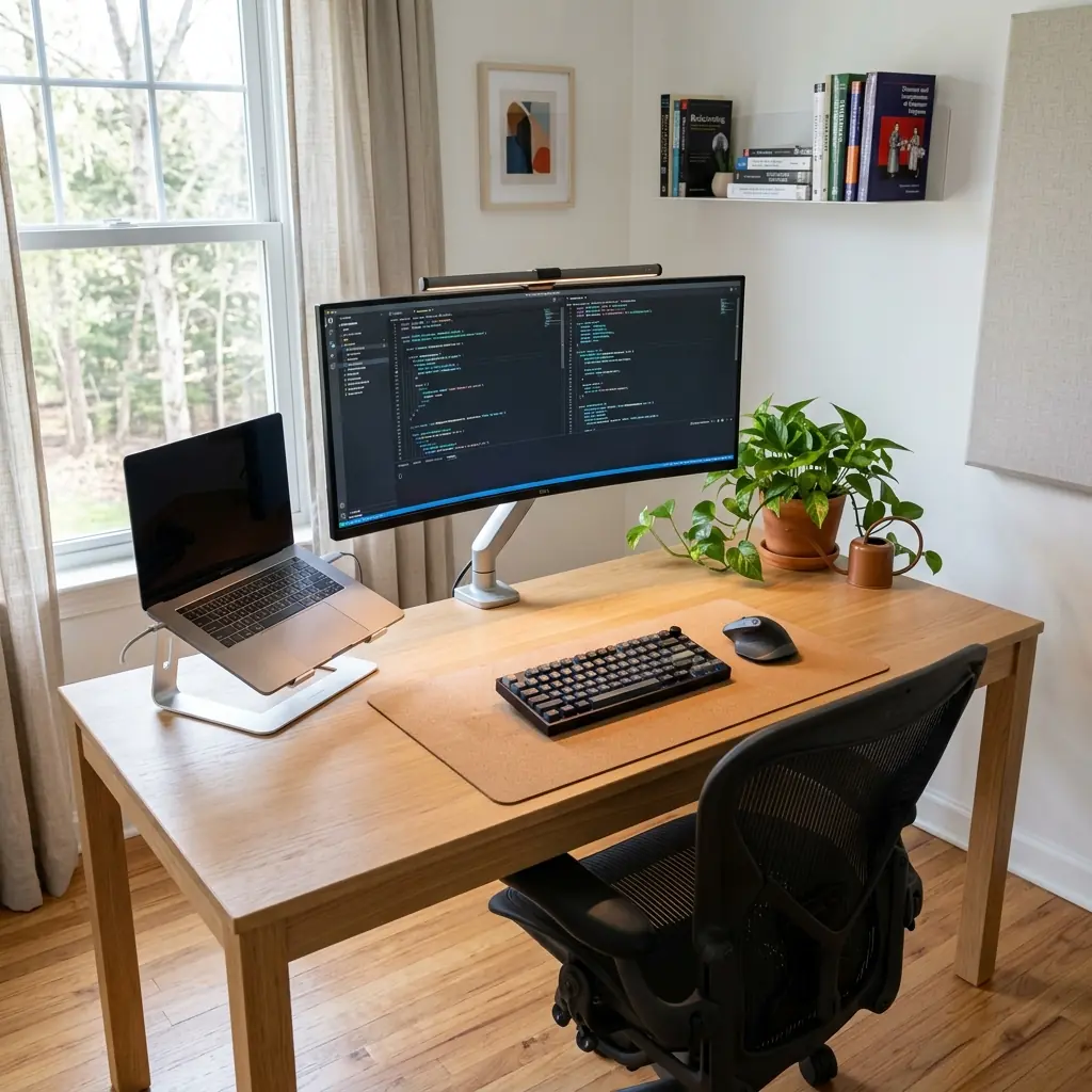 Complete ergonomic desk setup for software developers with ultrawide monitor on monitor arm, mechanical keyboard on cork mat, and aluminum laptop stand