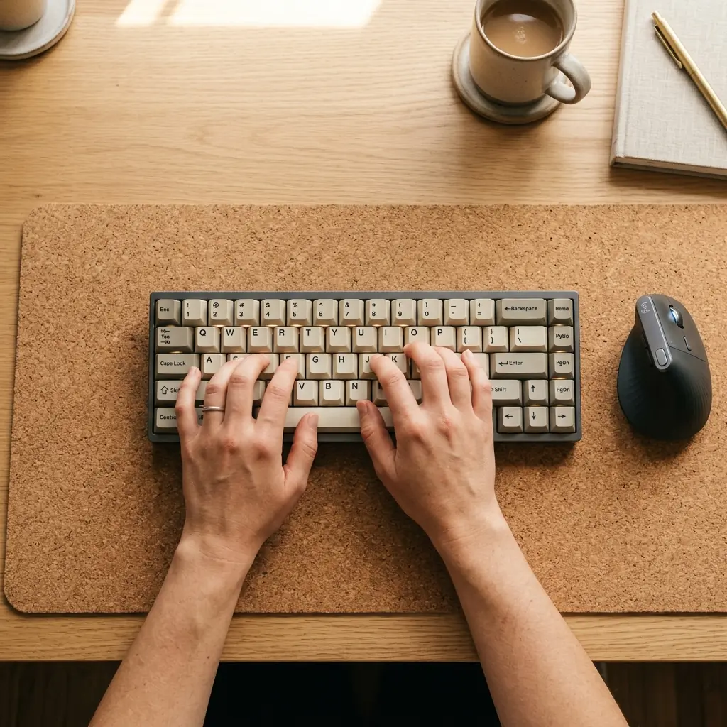 Developer hands typing on compact mechanical keyboard on a cork desk mat with neutral flat wrist position and vertical ergonomic mouse to the right