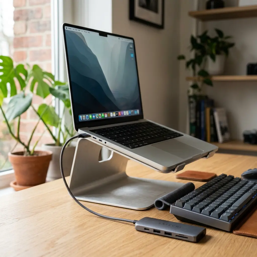 MacBook Pro elevated on a brushed aluminum laptop stand to monitor height beside a mechanical keyboard and USB hub for an ergonomic developer workstation