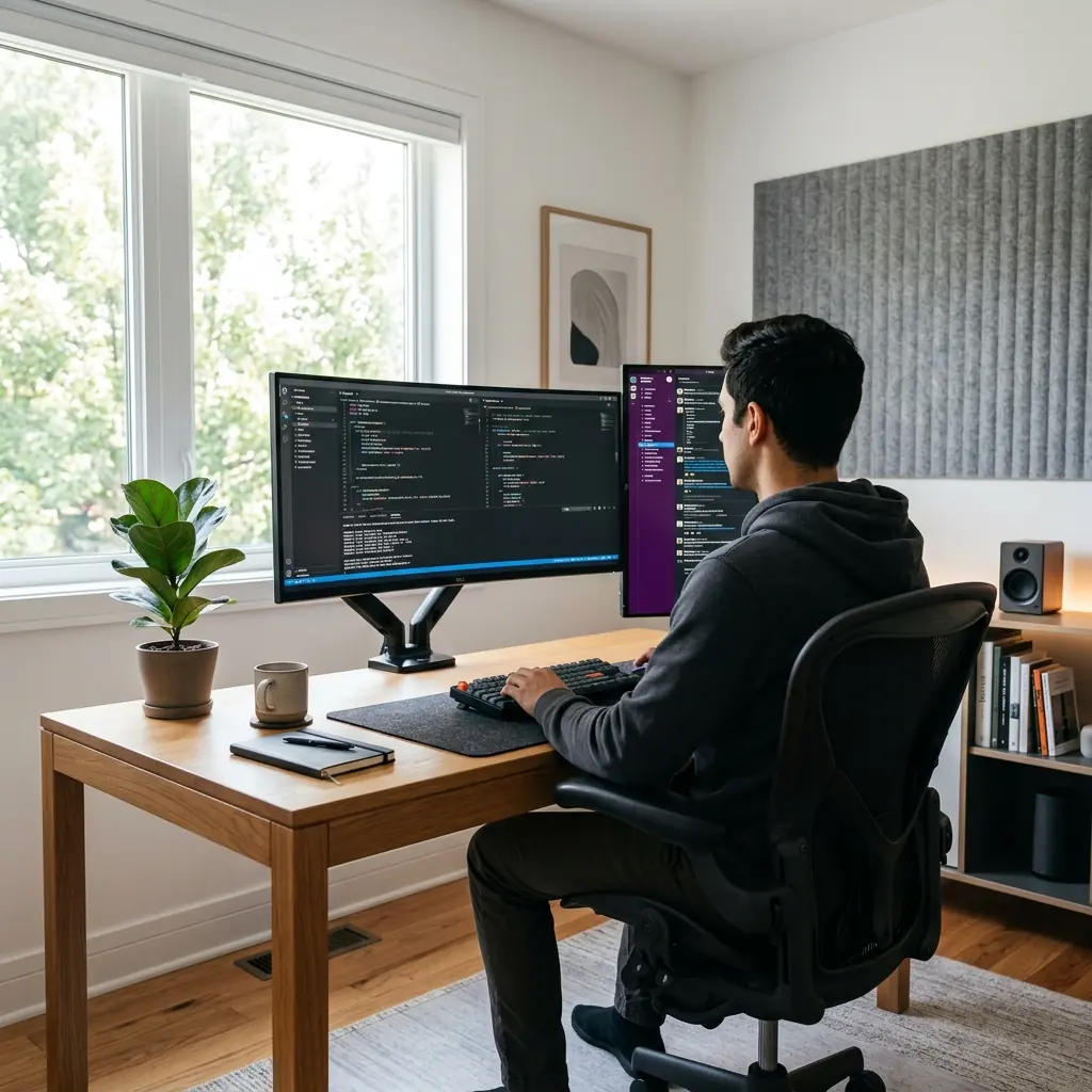 Software developer sitting with perfect posture at a dual-monitor ergonomic desk setup with clean cable management and a large acoustic panel on the wall