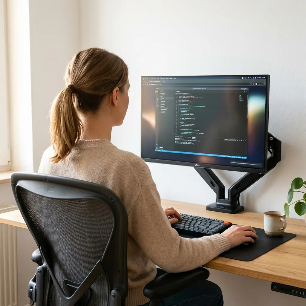 Developer sitting with correct posture at a monitor on an adjustable monitor arm, neck straight and monitor top edge at eye level