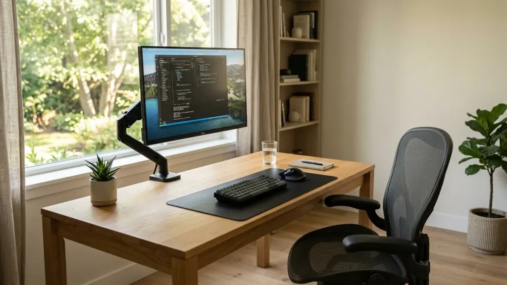 Clean minimal desk setup demonstrating proper ergonomic workstation alignment with elevated monitor and neutral posture