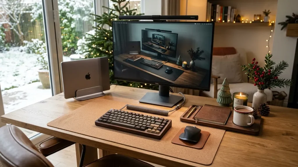 Curated collection of premium desk accessories and gift bundles arranged on a dark oak desk