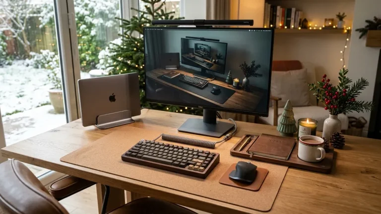 Curated collection of premium desk accessories and gift bundles arranged on a dark oak desk