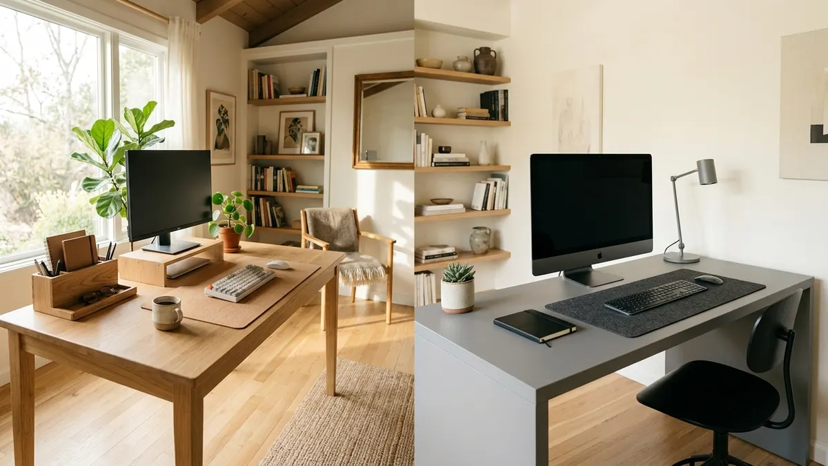 Split material comparison showing a solid oak hardwood desk on the left and a sleek matte laminate desk on the right with ergonomic setup