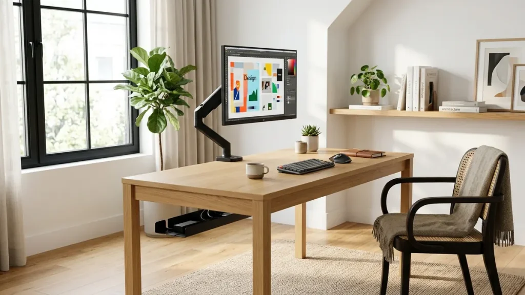 Minimalist desk setup with completely cord-free floor and hidden power supplies beneath oak desktop