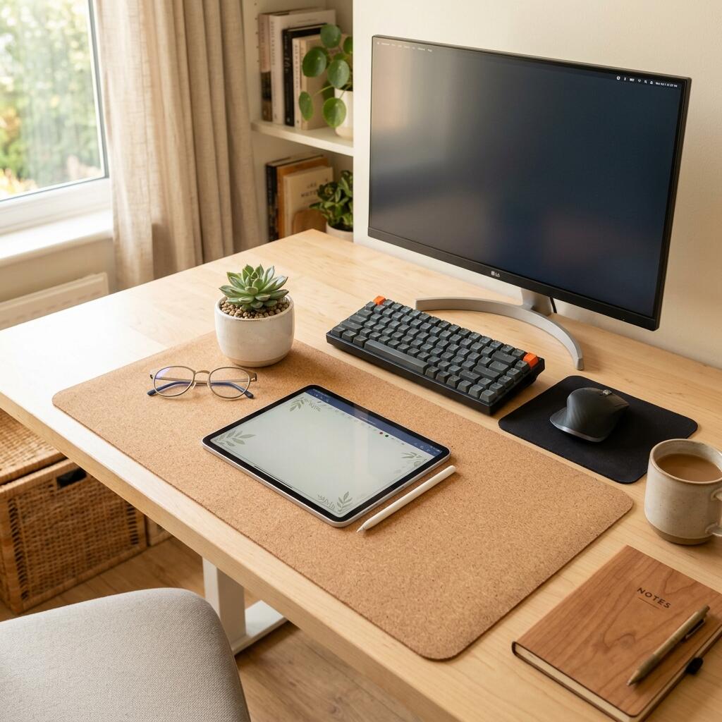 Large Natural Cork Mouse Pad Desk Mat: Natural daylight illuminating a perfectly clean cork desk mat