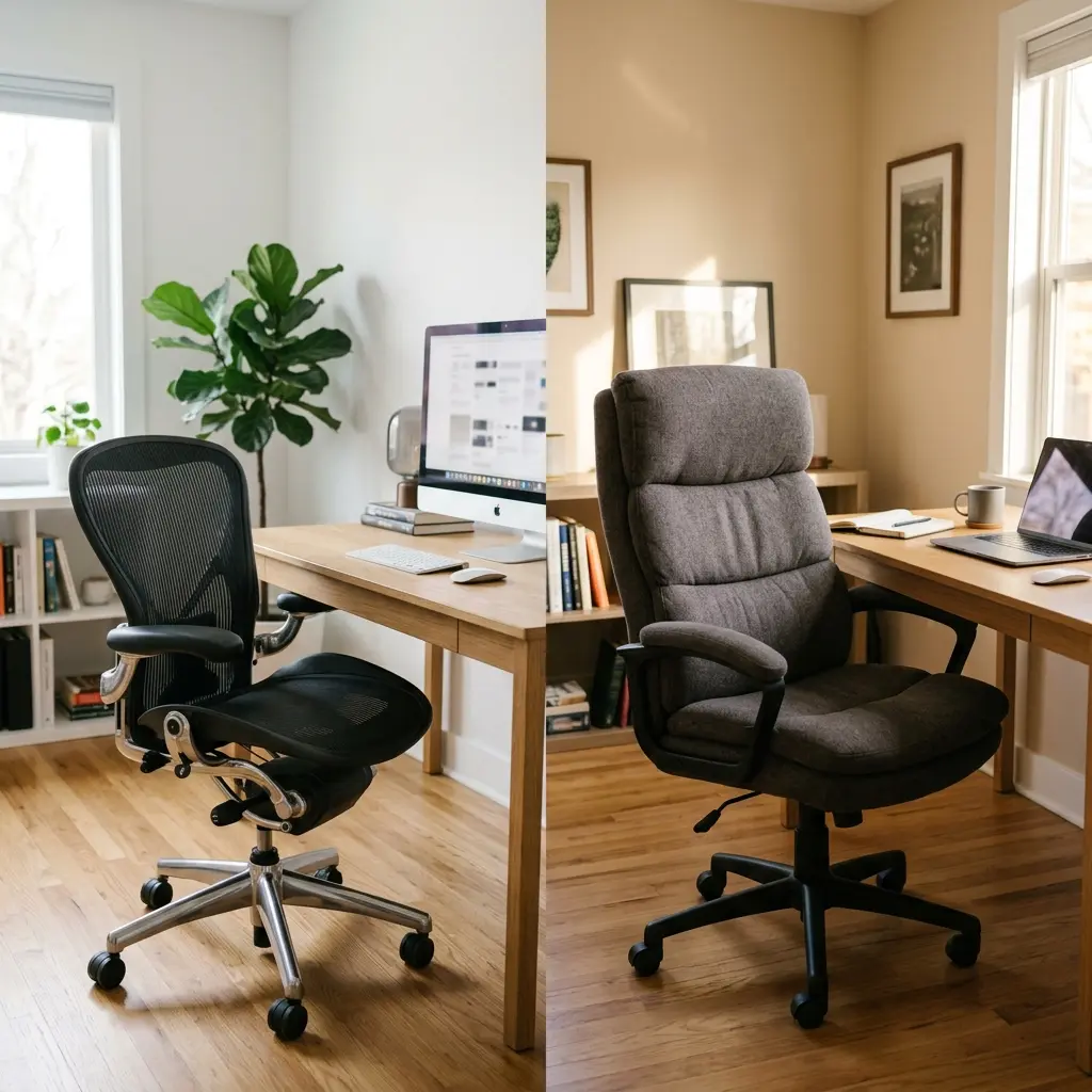 Split comparison of a mesh chair vs foam cushion chair in a modern ergonomic office setup