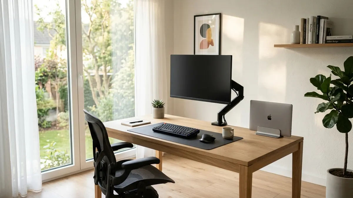 Serene minimalist workspace setup featuring floating monitor, vertical laptop dock, and black leather desk mat