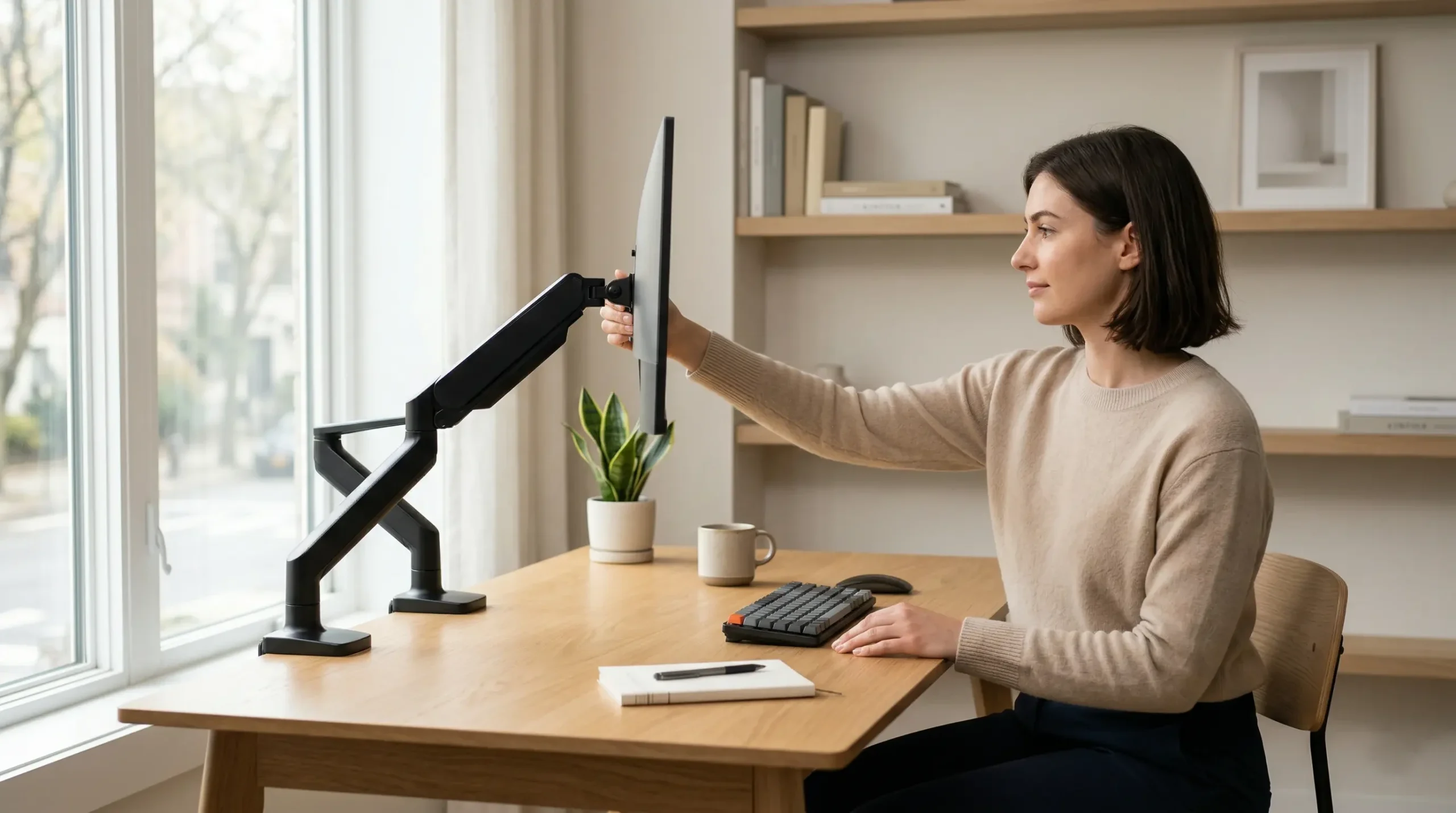 A professional easily adjusting a sleek black monitor arm to the perfect eye-level height