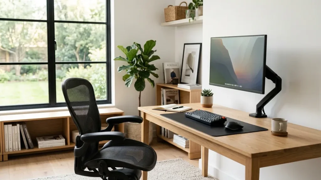 Ergonomic desk setup demonstrating optimal monitor arm height to prevent neck strain with natural sightlines