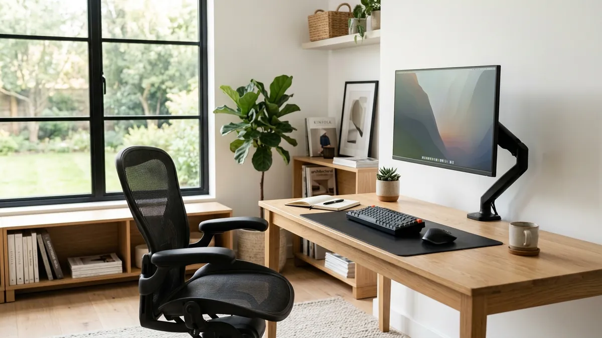Ergonomic desk setup demonstrating optimal monitor arm height to prevent neck strain with natural sightlines