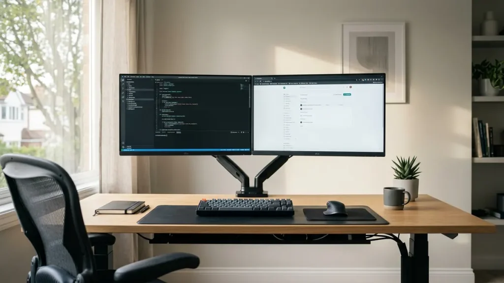 Dual monitor desk setup demonstrating clean multi-monitor cable routing with concealed wires inside articulating arms