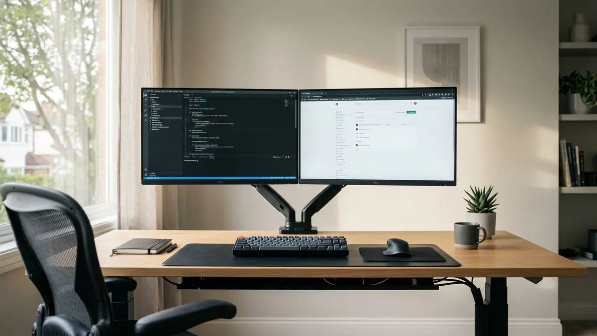 Dual monitor desk setup demonstrating clean multi-monitor cable routing with concealed wires inside articulating arms