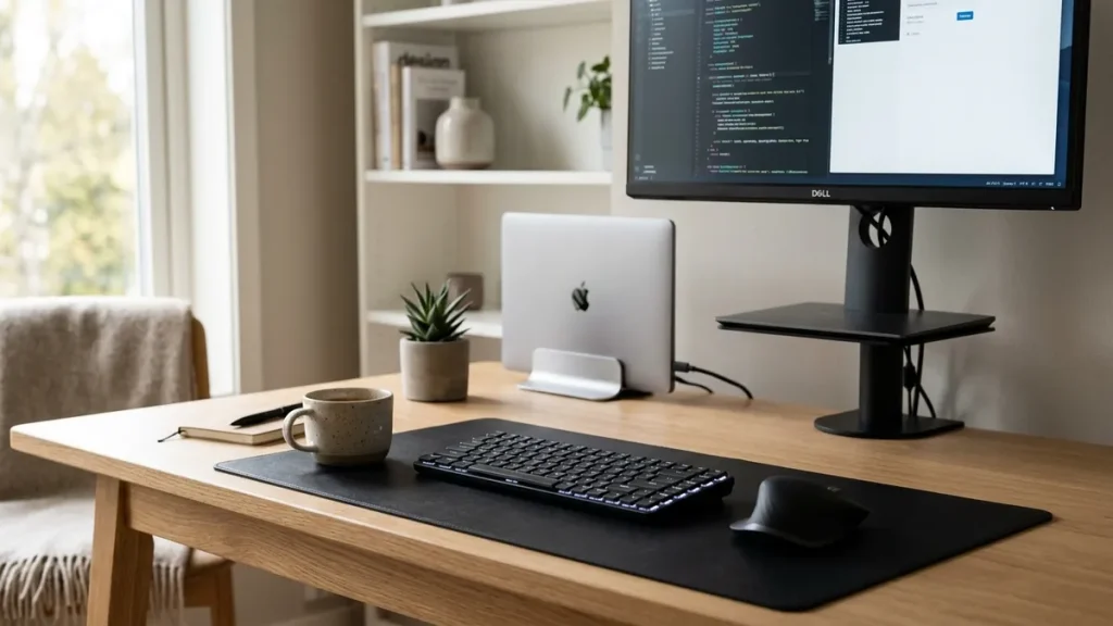 Minimalist desk setup illustrating neutral wrist angles to prevent carpal tunnel with leather desk mat and vertical stand