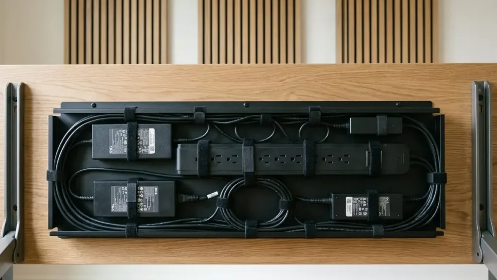 Heavy gauge steel under-desk cable management tray organizing power bricks and eliminating OSHA trip hazards
