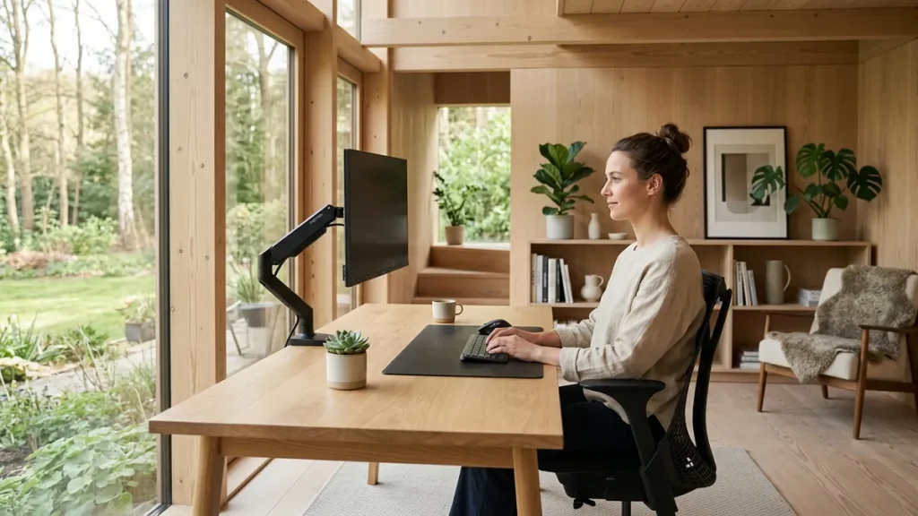 Professional sitting in upright neutral posture at an ergonomically aligned modern desk setup with floating monitor