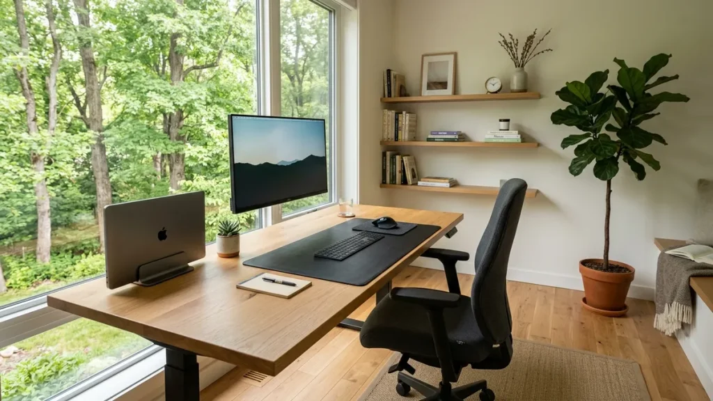 Airy modern home office with warm oak desk, floating display, and serene natural lighting