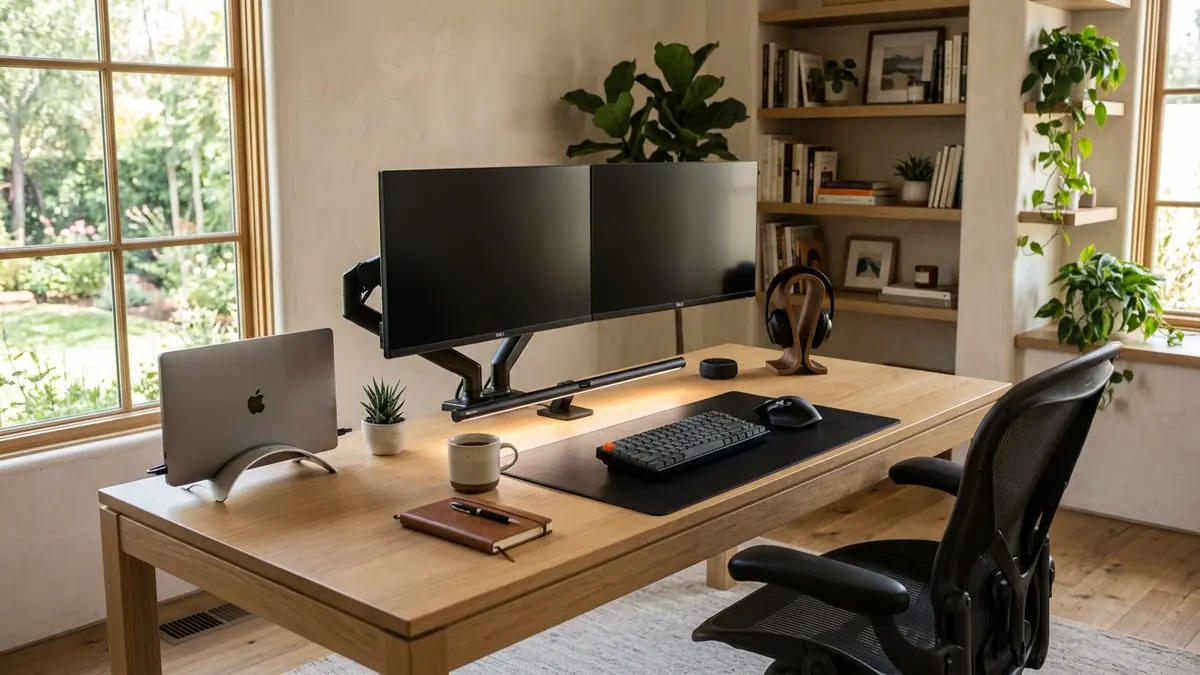 High performance professional workstation with triple display alignment, color accurate lighting, and clean cable routing