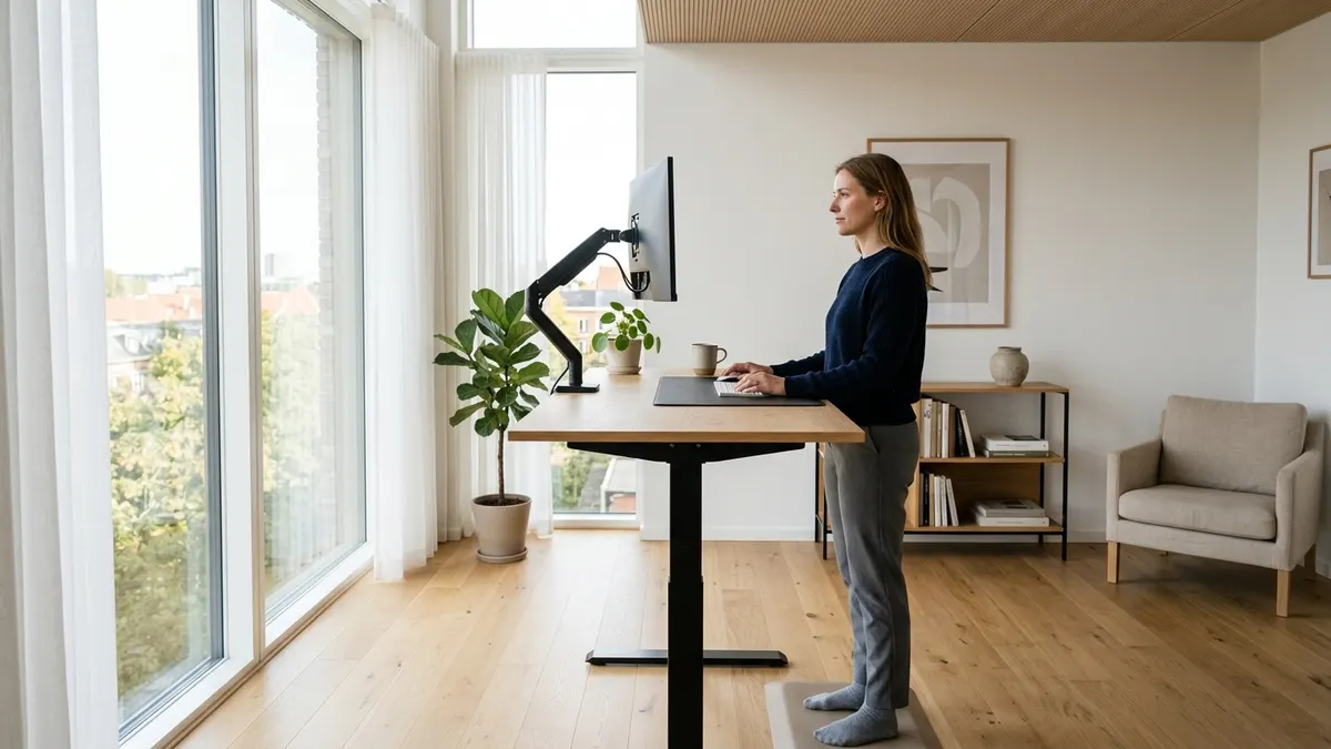 Modern home office with height adjustable standing desk demonstrating the 20-8-2 sitting standing posture protocol