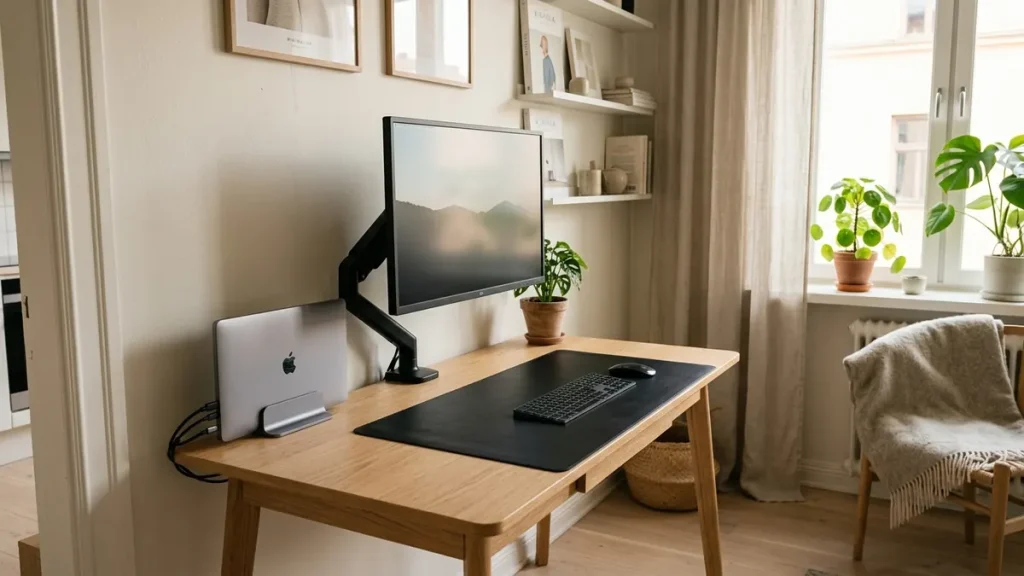 Compact modern home office nook demonstrating how to maximize small desk space with vertical laptop stand and monitor arm