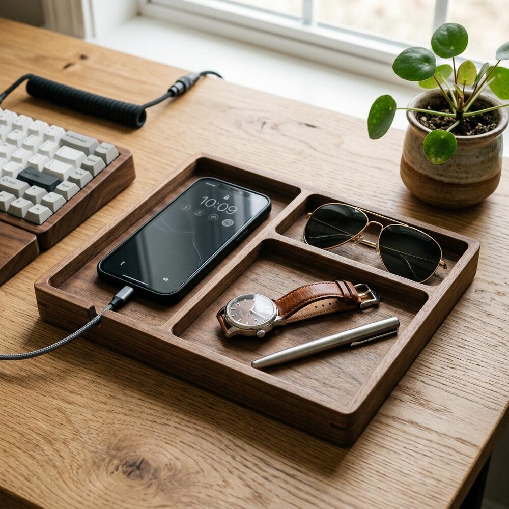 TidySetup Solid Wood Desk Organizer: Lifestyle shot holding everyday carry items on an oak desk