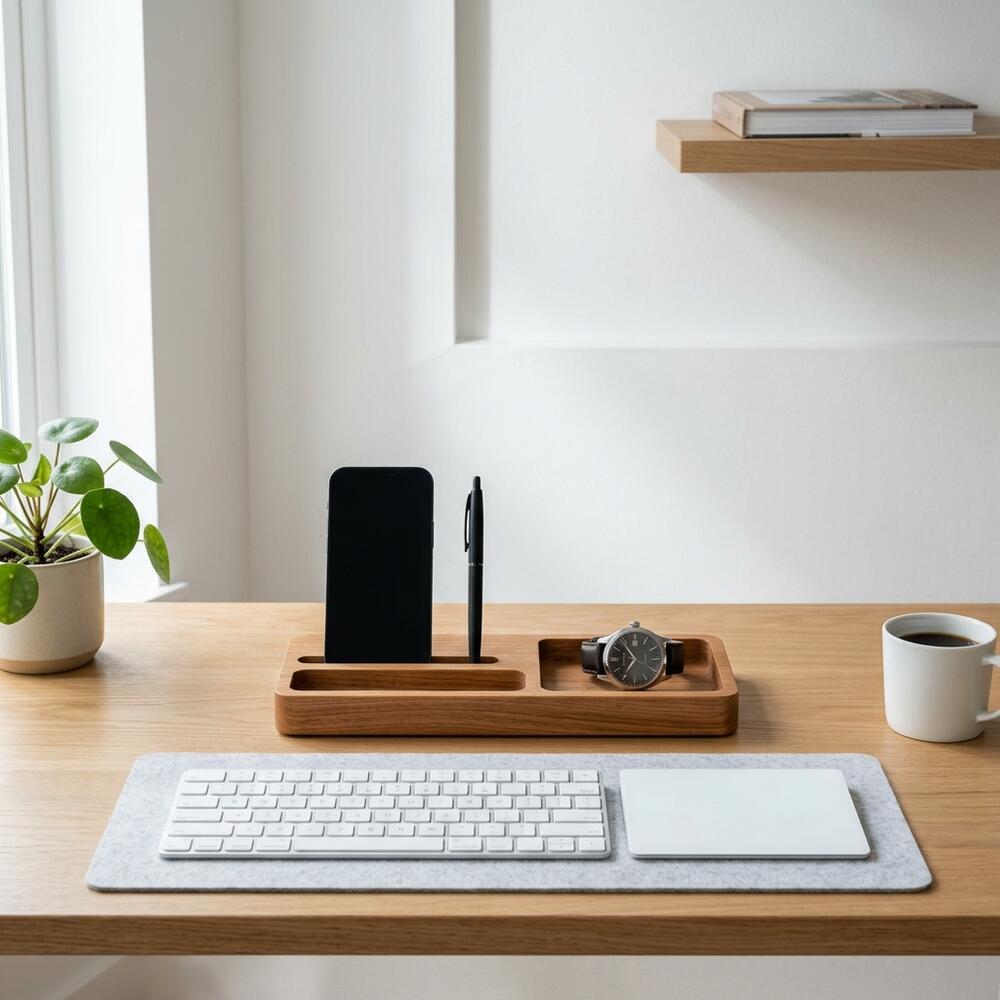 TidySetup Solid Wood Desk Organizer: Minimalist desk setup featuring the solid wood storage tray