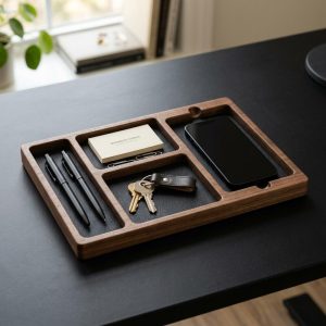TidySetup Solid Wood Desktop Organizer - Hand-Finished Walnut and Oak EDC Tray for Desk Organization