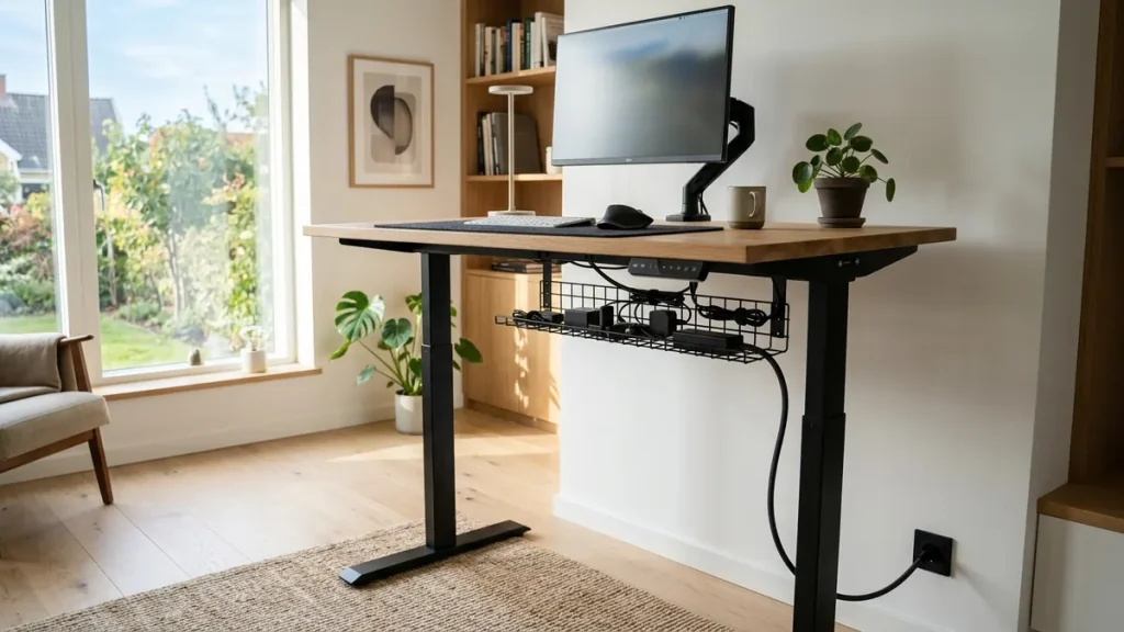 Motorized standing desk elevated to standing height showing perfectly calculated cable slack loop and clean under desk tray
