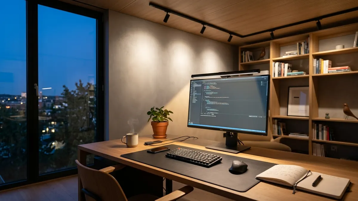 Minimalist home office comparing overhead ceiling track lighting with focused desk illumination over an oak workstation