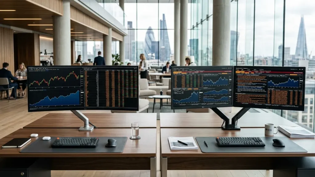Ergonomic comparison showing a 34-inch curved ultrawide monitor alongside a dual 27-inch monitor workstation