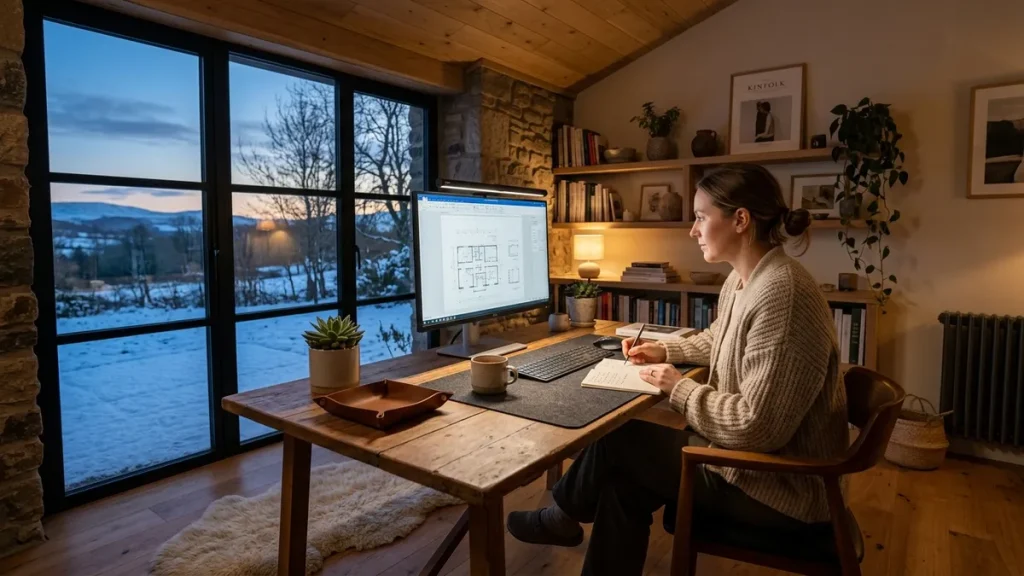 Modern home office desk illuminated by a monitor light bar during a cozy winter evening